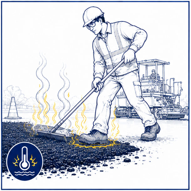 Hot Asphalt and Surface Heat Hazards Hot asphalt and surface heat hazards for paving workers wearing safety boots