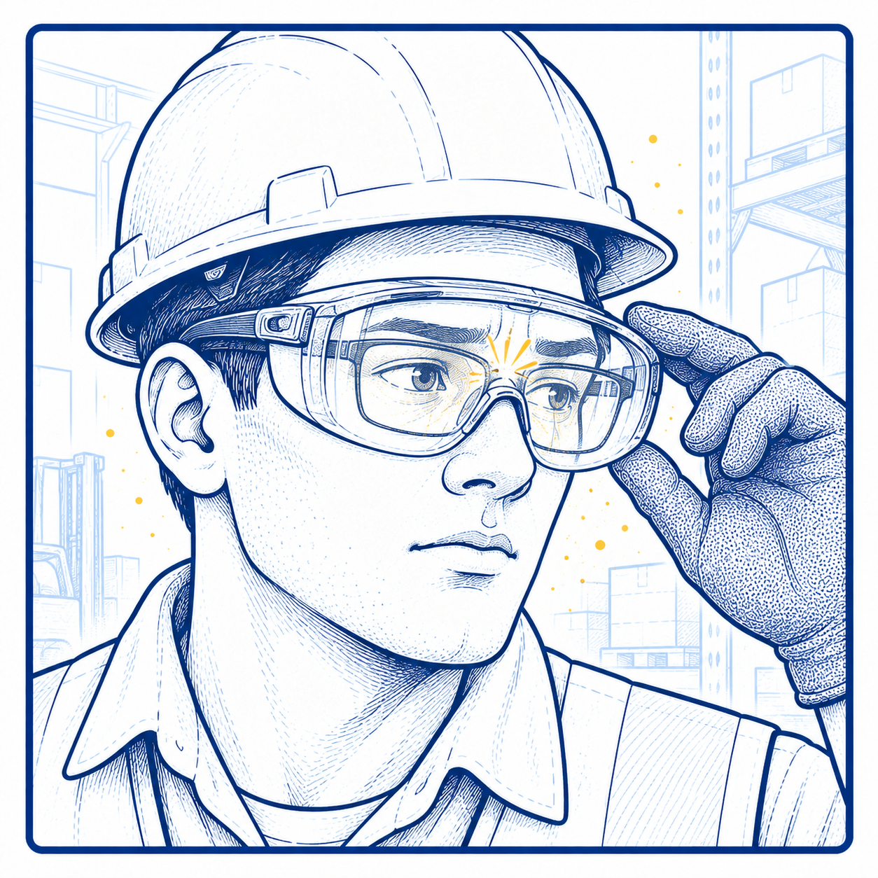 Double Eyewear Discomfort with Prescription Safety Glasses Worker experiencing discomfort from wearing OTG safety glasses over prescription eyewear