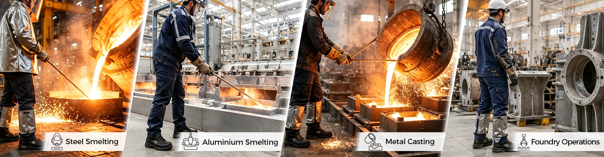 Safety Footwear for Foundry, Smelting & Metal Casting Work Environments Foundry safety footwear for steel smelting, aluminium smelting, metal casting and foundry operations