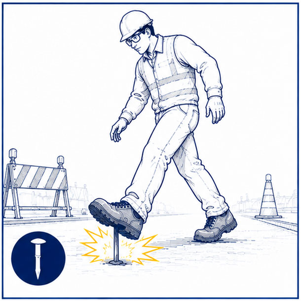 Sharp Nail Puncture Hazards in Roadwork Sharp nail puncture hazards for safety boots on asphalt paving and road construction sites