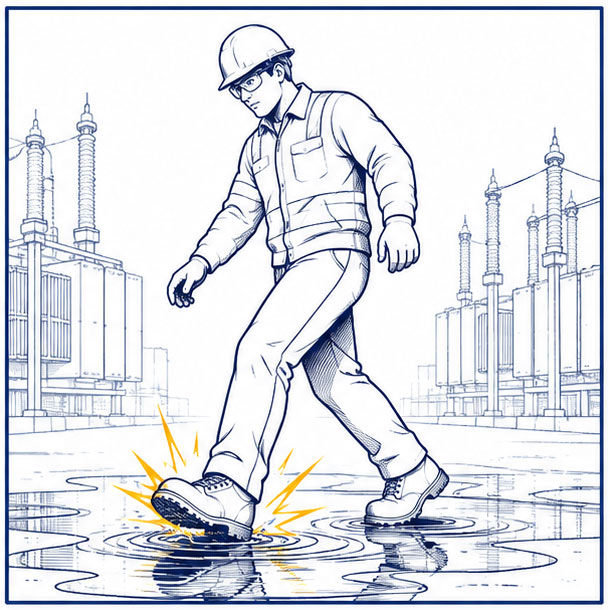 Slip Hazards in Electrical Work Environments Wet and slippery surfaces requiring slip resistant safety footwear for electrical workers