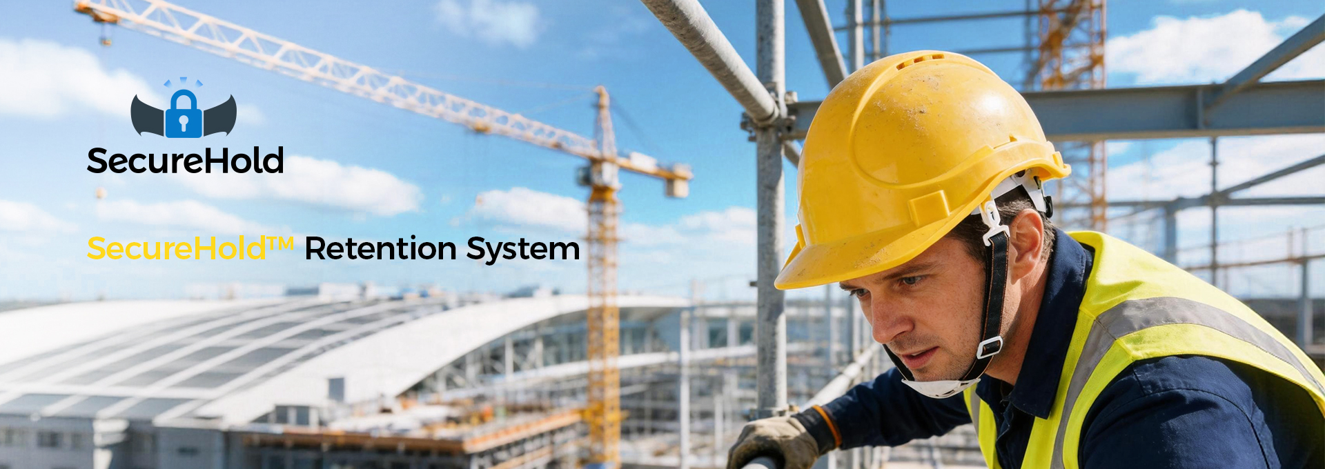Construction worker wearing a safety helmet with the SecureHold retention system