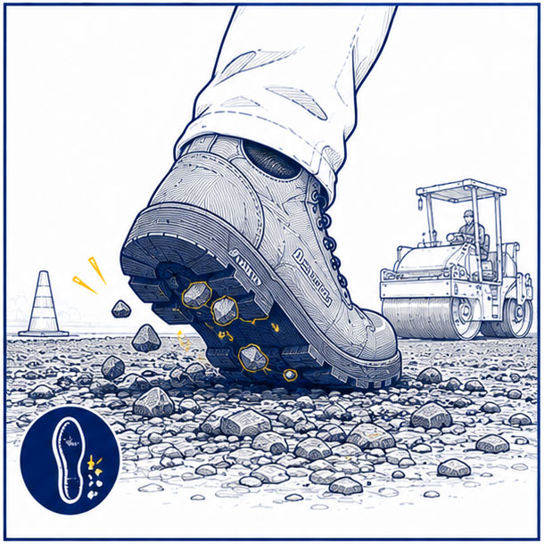 Stone Debris Trapping Hazard in Asphalt Paving Stone debris trapping under safety boot outsoles during asphalt paving work