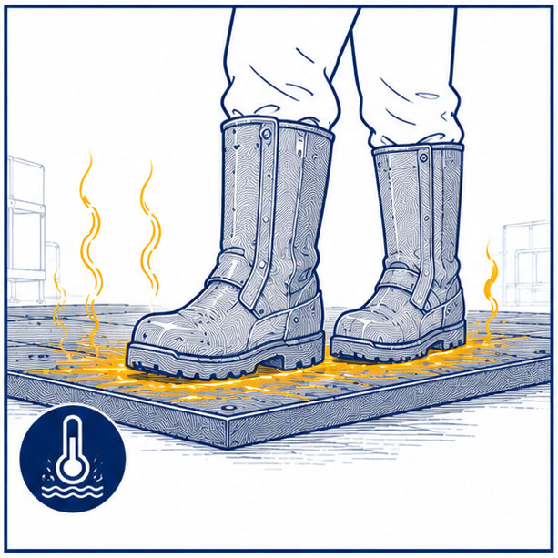 High-Temperature Surface Hazards in Foundries High-temperature floor and hot surface hazards for foundry workers wearing safety boots