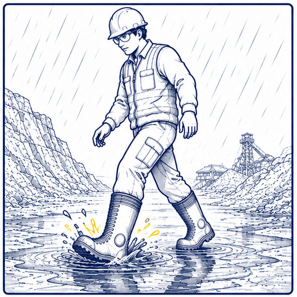Mud and Water Hazards in Mining Mining worker wearing waterproof Wellington boots in wet and muddy conditions