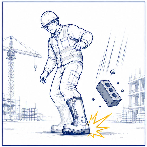 Impact Hazards in Mining Operations Mining worker exposed to falling object and impact hazards wearing safety Wellington boots
