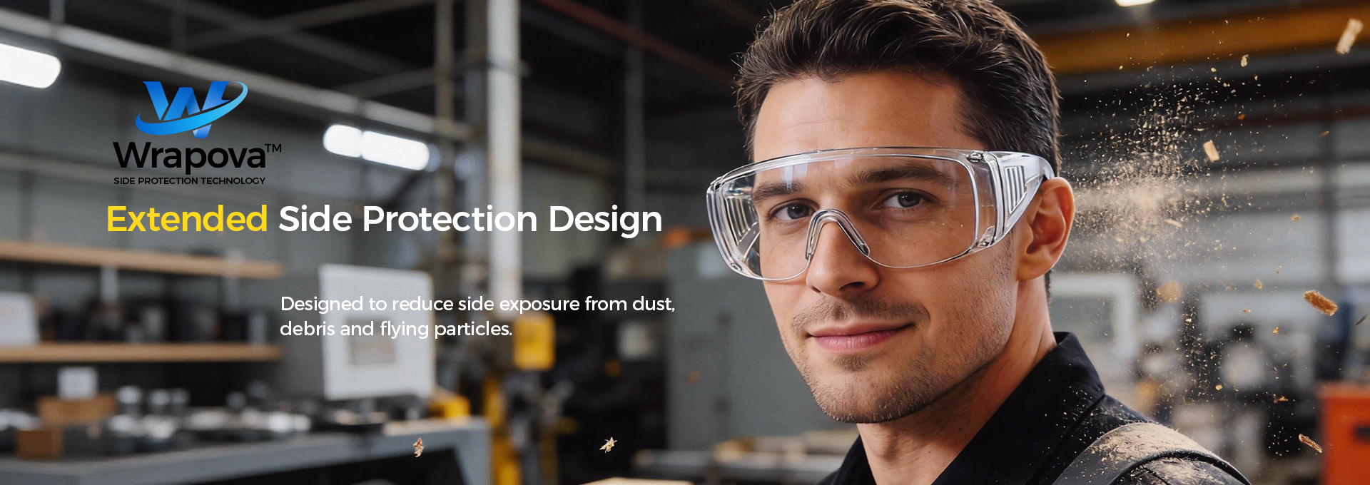 Extended wraparound coverage designed for workplace hazards approaching from the sides. Protection Beyond the Front Lens