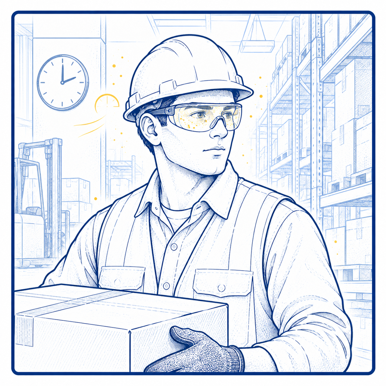 Long-Shift Safety Eyewear for Warehouse Workers Warehouse worker wearing lightweight safety glasses for long shifts and daily logistics operations