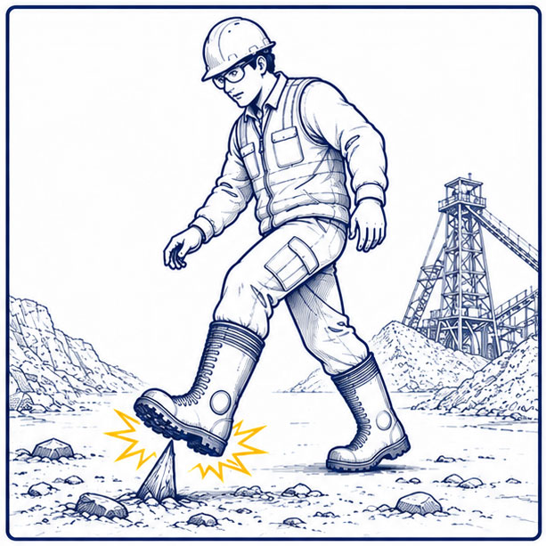 Puncture Hazards in Mining Worksites Mining safety Wellington boots protecting against nails and sharp debris underfoot