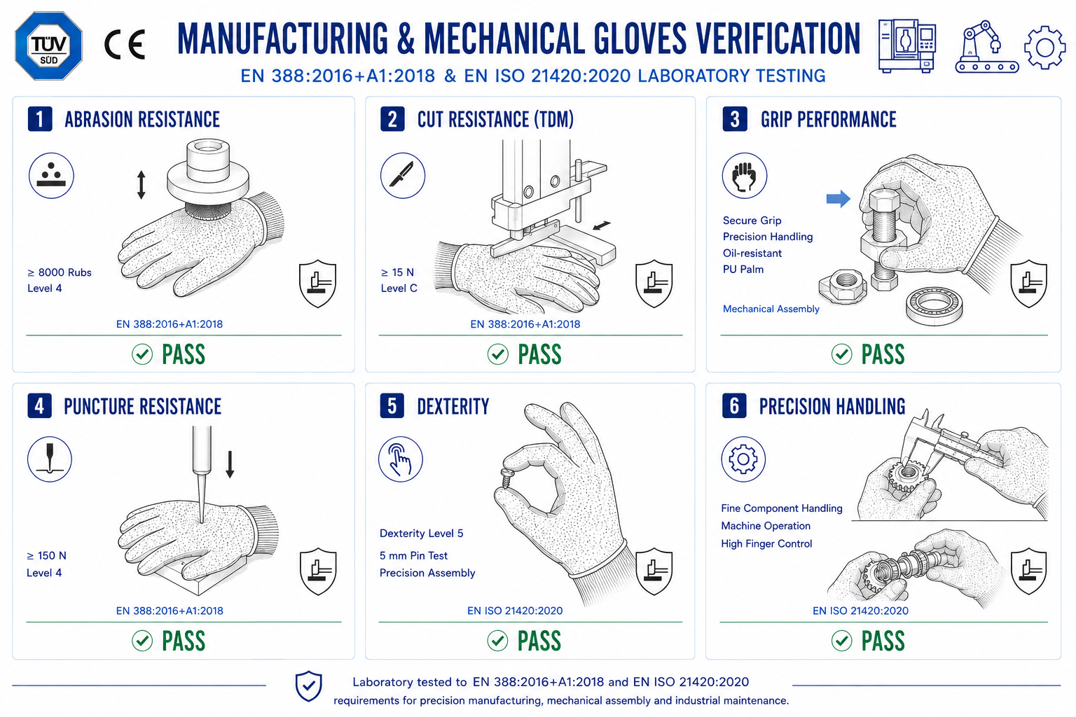 Manufacturing Work Gloves Testing & Certification Safeyear manufacturing and mechanical work gloves tested to EN 388 standards for abrasion, cut, puncture, grip and impact protection
