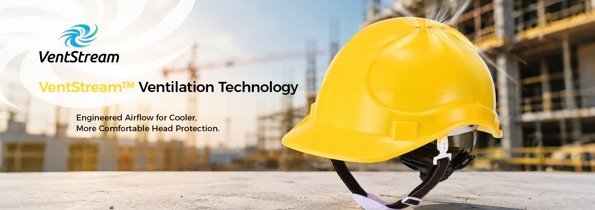 Yellow safety helmet with VentStream™ ventilation technology for cooler head protection on construction sites
