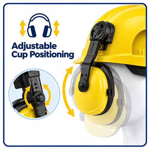 Adjustable Cup Positioning for Helmet-Mounted Earmuffs Adjustable earmuff cup positioning system for helmet mounted hearing protection