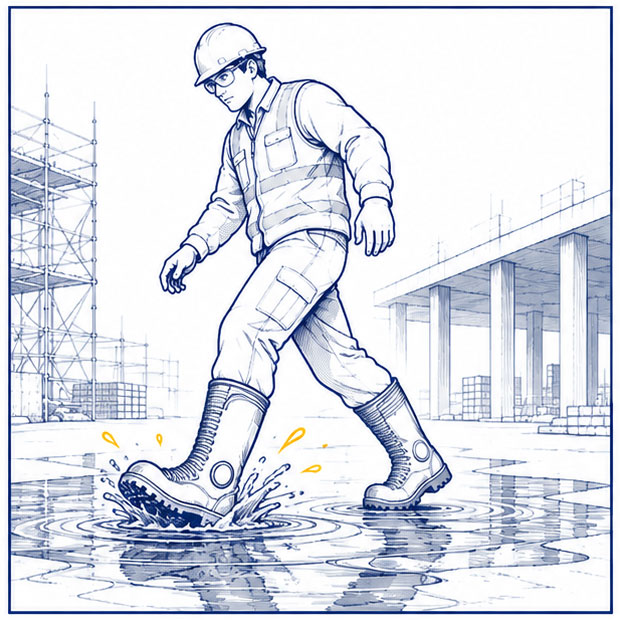 Mud and Water Hazards in Mining Mining worker wearing waterproof Wellington boots in wet and muddy conditions
