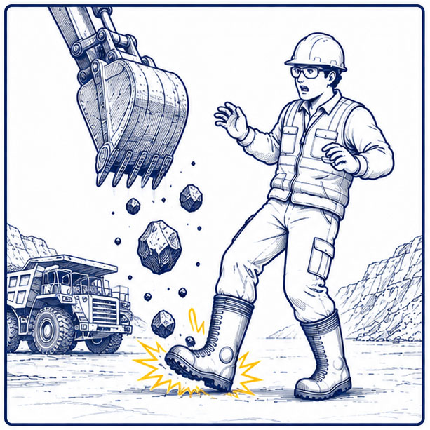 Impact Hazards in Mining Operations Mining worker exposed to falling object and impact hazards wearing safety Wellington boots