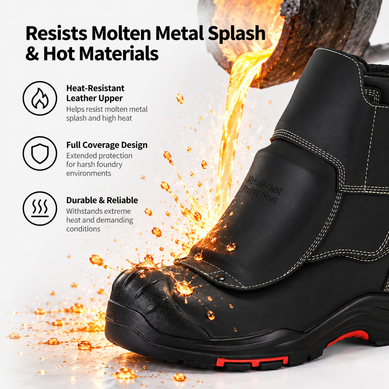 Molten Metal Splash Protection for Foundry Safety Boots Heat-resistant foundry safety boot designed for molten metal splash and hot material protection
