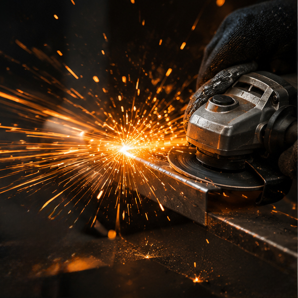 Flying particles and sparks creating side-impact hazards during metal grinding