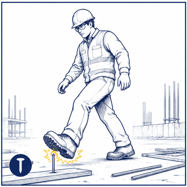 Nail and Puncture Hazards on Construction Sites Construction worker facing nail and puncture hazards underfoot