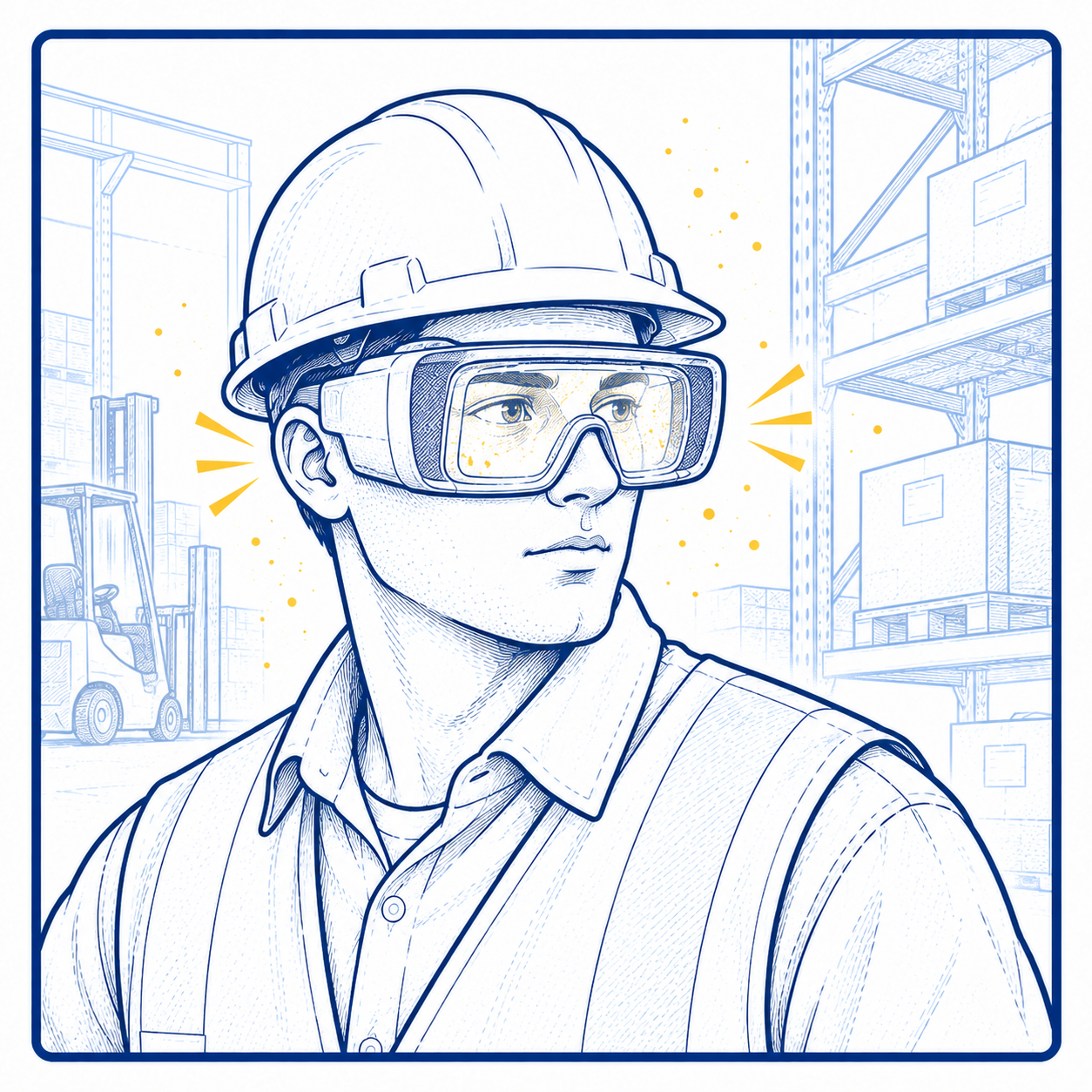 Restricted Field of View with OTG Safety Eyewear Worker wearing bulky OTG safety glasses with restricted peripheral vision during industrial work