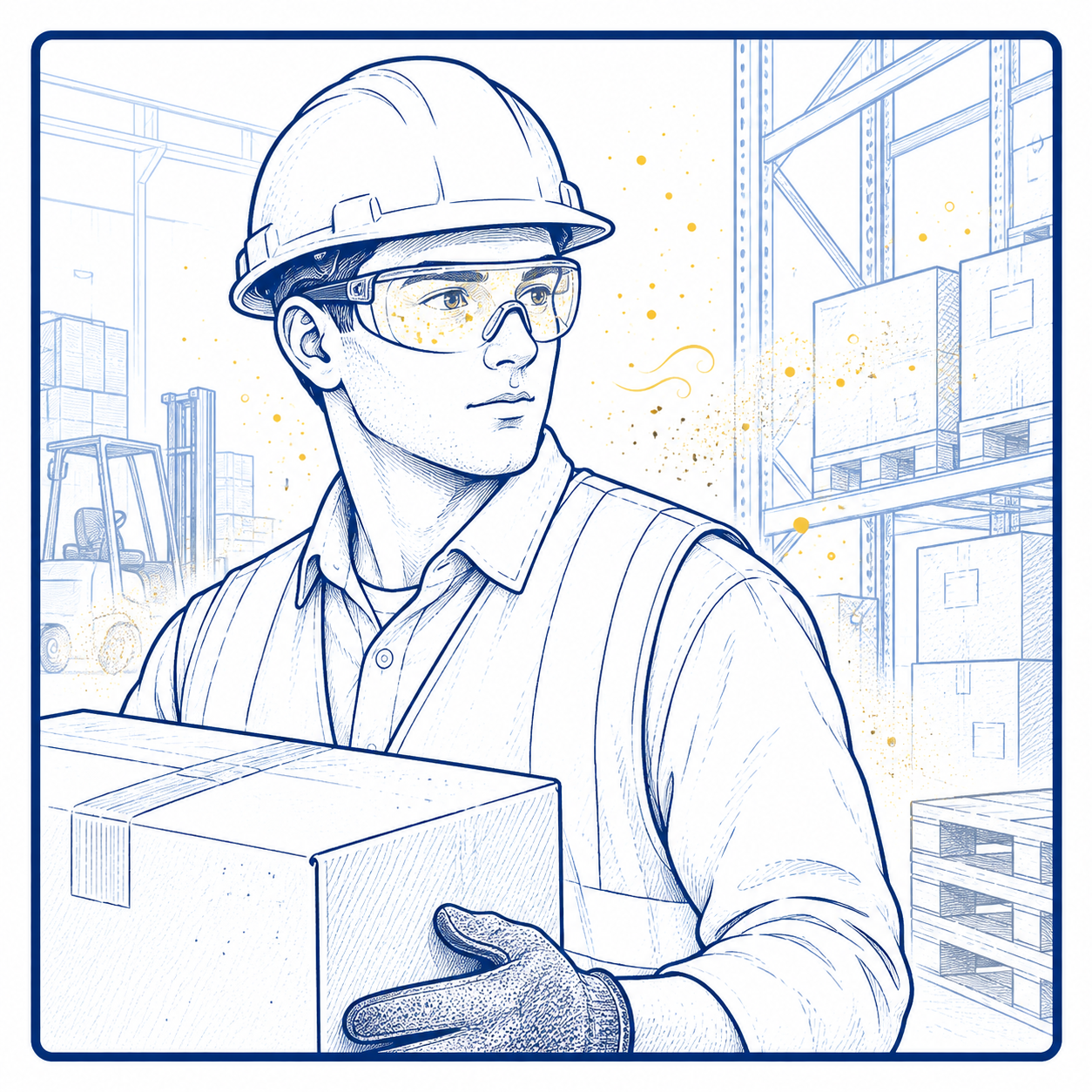 Dust & Particle Eye Hazards in Warehouse Operations Warehouse dust and airborne particles creating eye hazards around pallets and forklift traffic