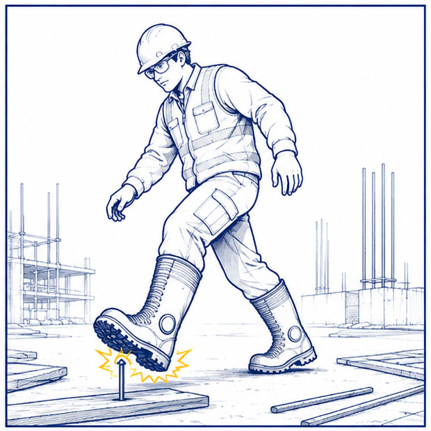 Puncture Hazards in Mining Worksites Mining safety Wellington boots protecting against nails and sharp debris underfoot