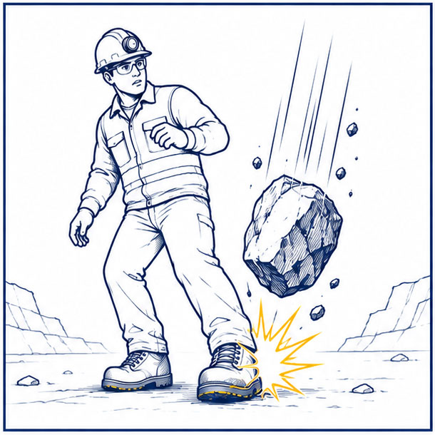 Falling Rock Protection for Mining Safety Boots Mining workers facing falling rock and heavy object impact risks requiring toe protection