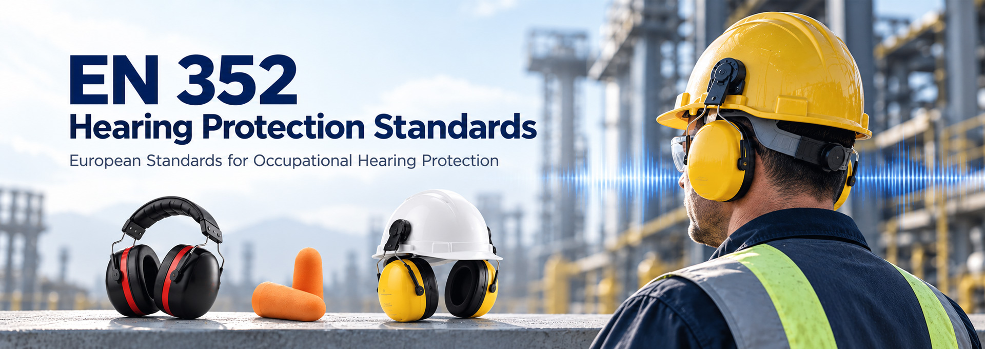 Safety eyewear tested to EN ISO 16321 requirements for occupational eye and face protection. EN 352 hearing protection standards with industrial earmuffs earplugs and helmet-mounted earmuffs