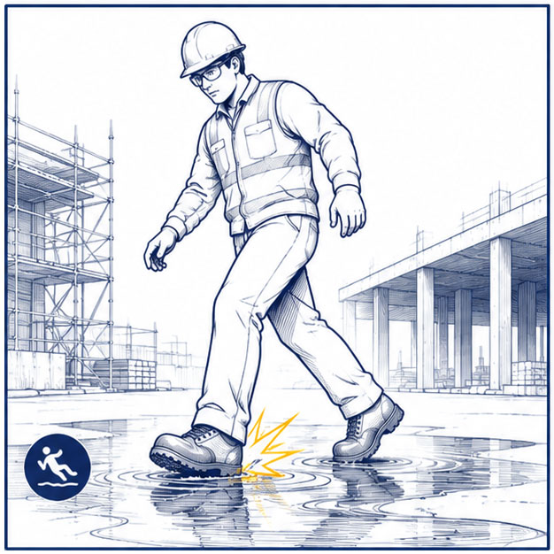 Slippery and Uneven Surface Hazards in Construction Construction worker walking on slippery and uneven worksite surfaces