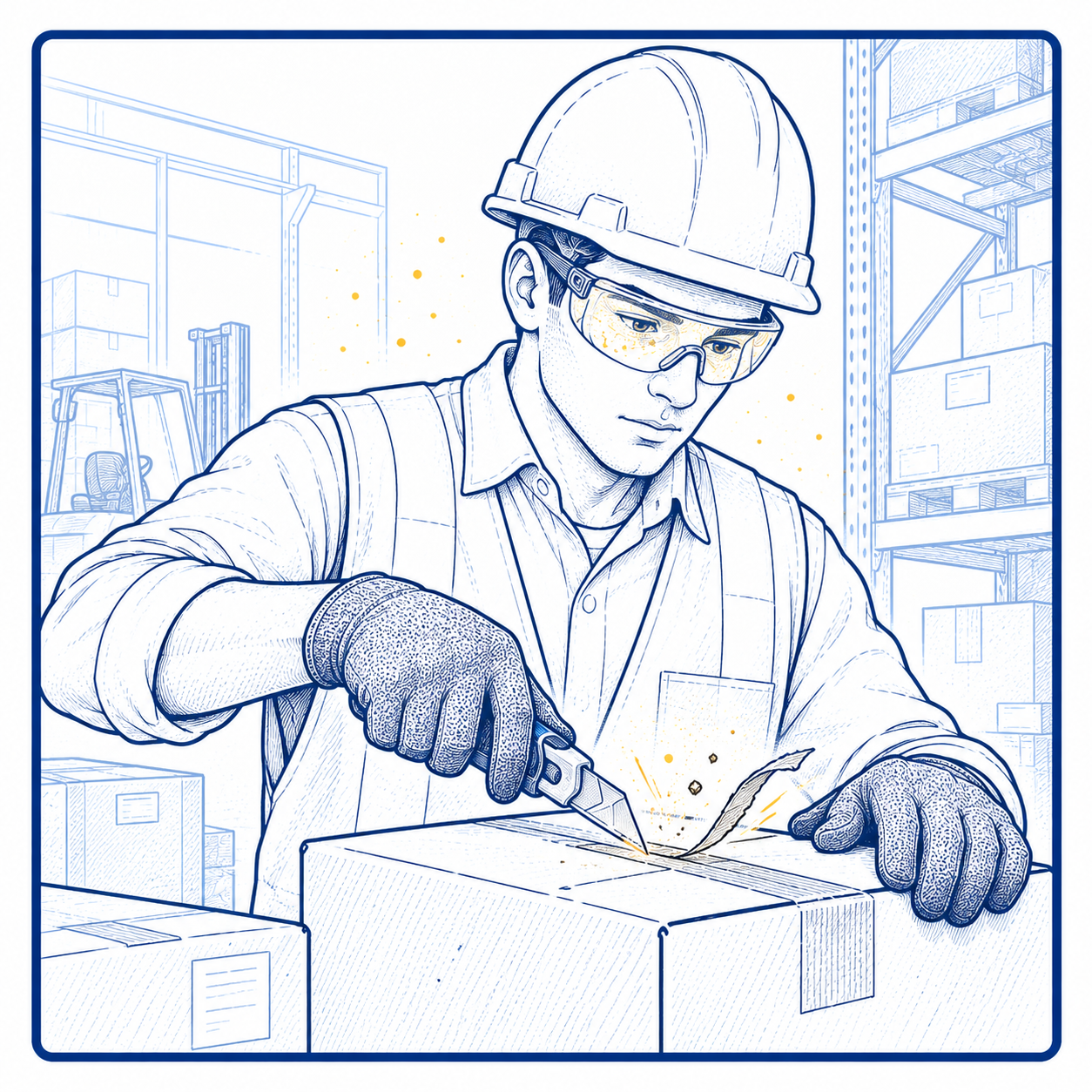 Eye Protection Risks During Warehouse Packing & Cutting Packaging and box cutting tasks creating eye injury risks for warehouse and logistics workers