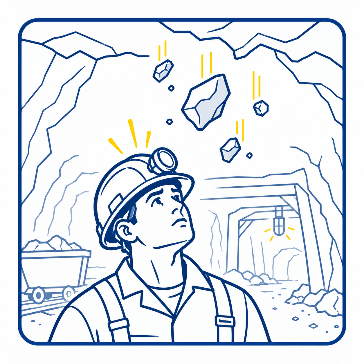 Falling Rock Hazards in Mining Falling rock hazards for underground mining workers wearing safety helmets