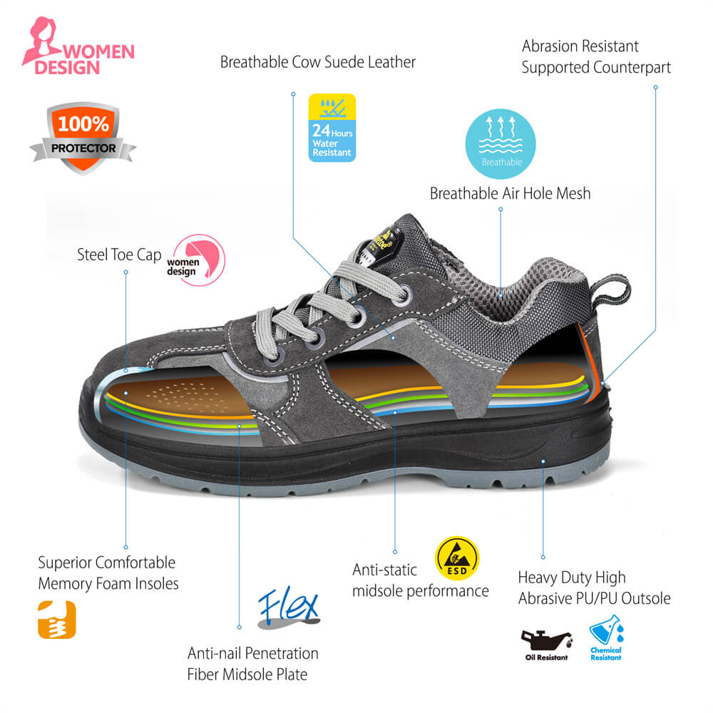 Women Steel Toe Slip Resistant Safety Work Shoes for Women L-7508W Suede