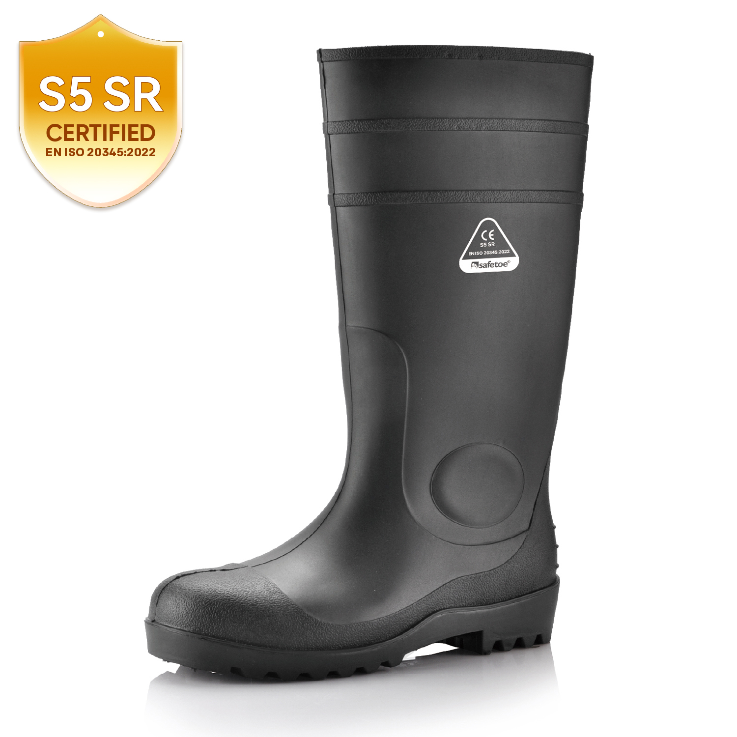 CE Approved S5 Safety Wellington Boots – Heavy-Duty Waterproof PVC Industrial Boots  W-6037 Black AquaPioneer