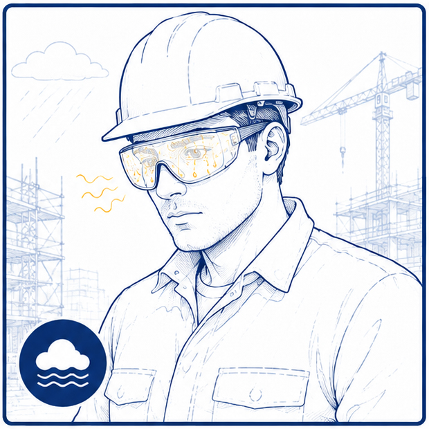 Fogged safety glasses causing reduced visibility in changing construction site conditions
