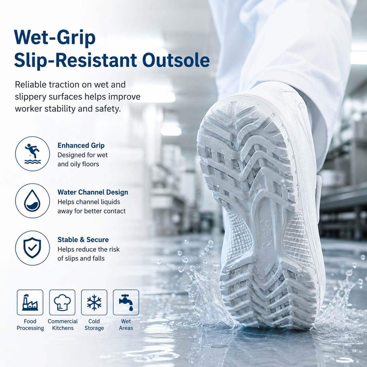 Wet-grip slip-resistant outsole for food processing shoes on wet and slippery floors