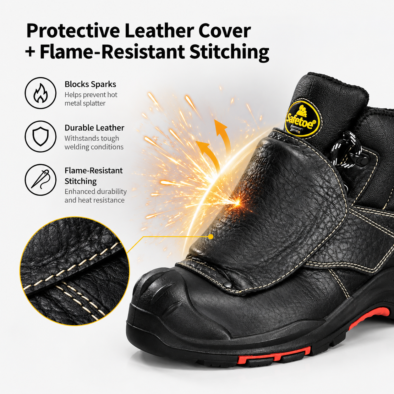 Protective leather cover and flame-resistant aramid stitching for welding safety boots