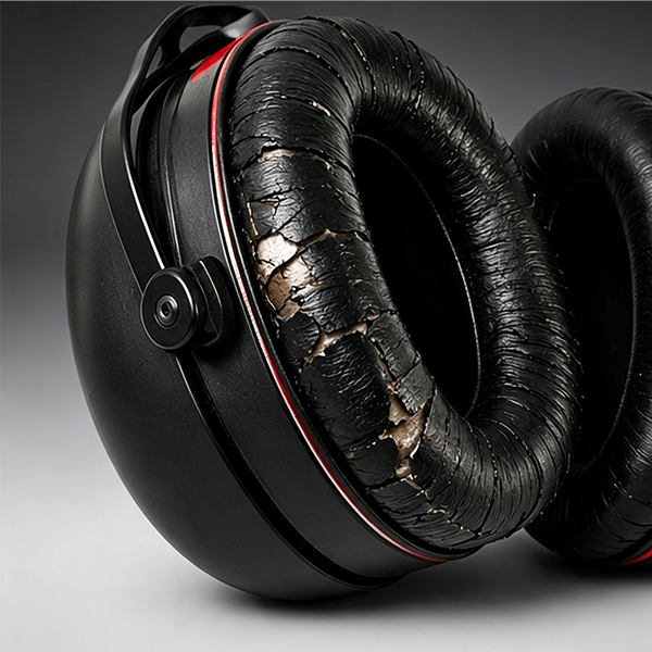 Worn and cracked earmuff cushions causing a poor acoustic seal and reduced hearing protection