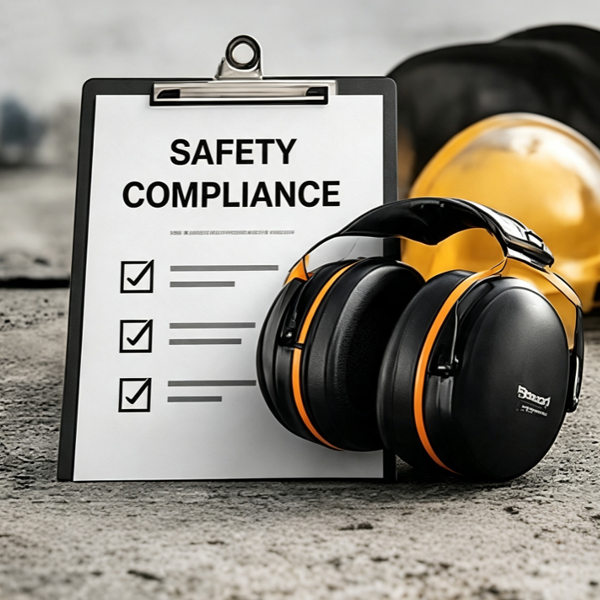 Industrial safety compliance checklist with noise-reduction earmuffs