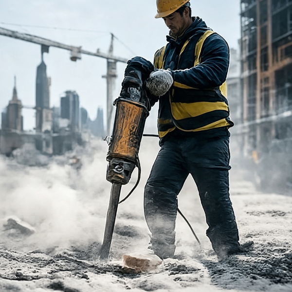Construction worker operating a jackhammer in a high-noise work environment