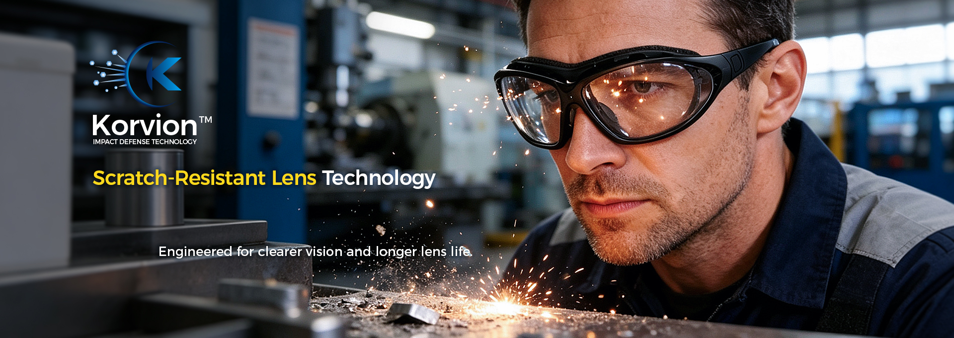 Worker wearing Korvion™ scratch-resistant safety glasses during metalworking