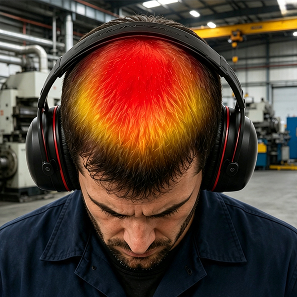 Uneven earmuff headband pressure causing discomfort on the top of an industrial worker’s head