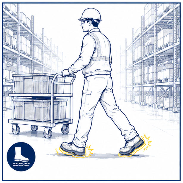 Foot fatigue from long shifts walking and standing in warehouse and logistics work environments