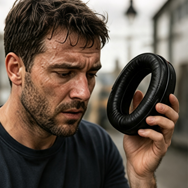 Worker inspecting an earmuff cushion affected by heat and moisture build-up
