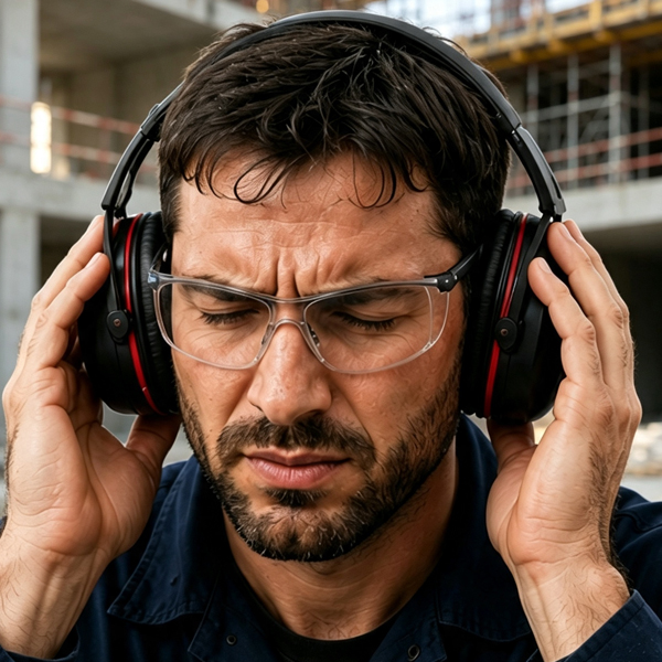 Industrial worker experiencing excessive clamping force from tight hearing protection earmuffs