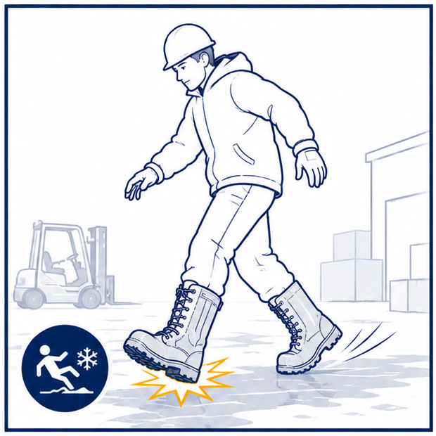 Snow ice and slippery surface hazards for workers in cold weather conditions
