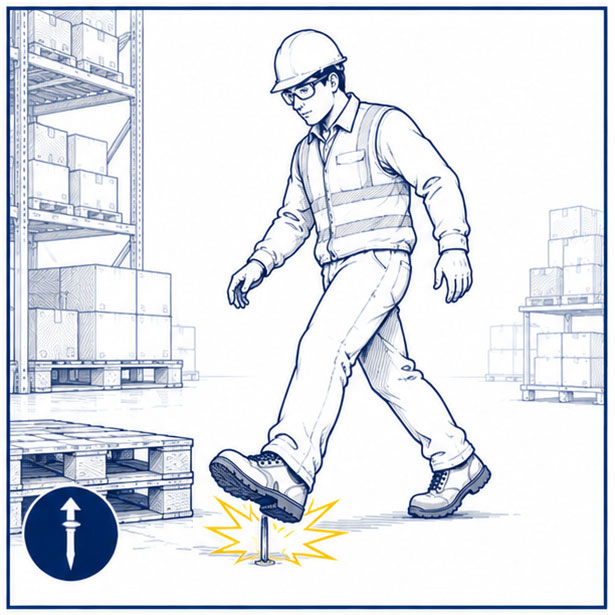 Sharp objects and damaged pallets creating puncture hazards for warehouse and material handling workers