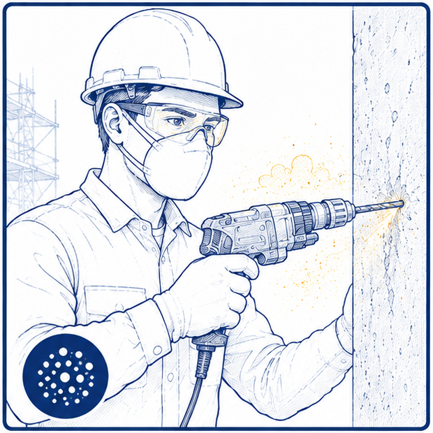 Construction worker exposed to dust and airborne particles while drilling concrete