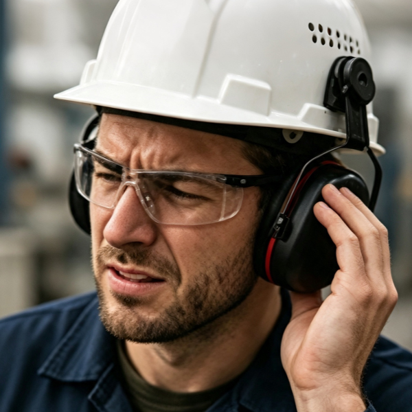 Industrial worker experiencing ear pressure from tight hearing protection earmuffs