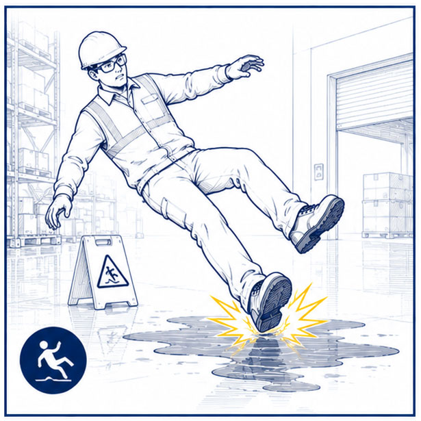 Wet and slippery warehouse floors creating slip hazards for logistics and distribution workers