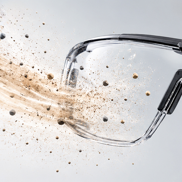 Dust, sand and fine particles causing surface wear on safety glasses lenses