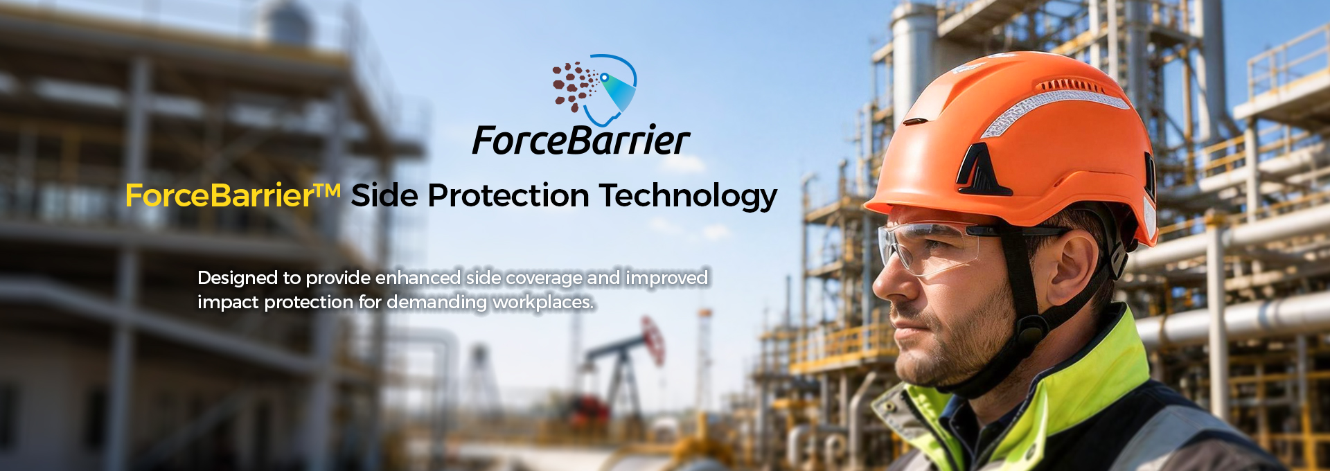 Industrial worker wearing a safety helmet with ForceBarrier™ side impact protection technology