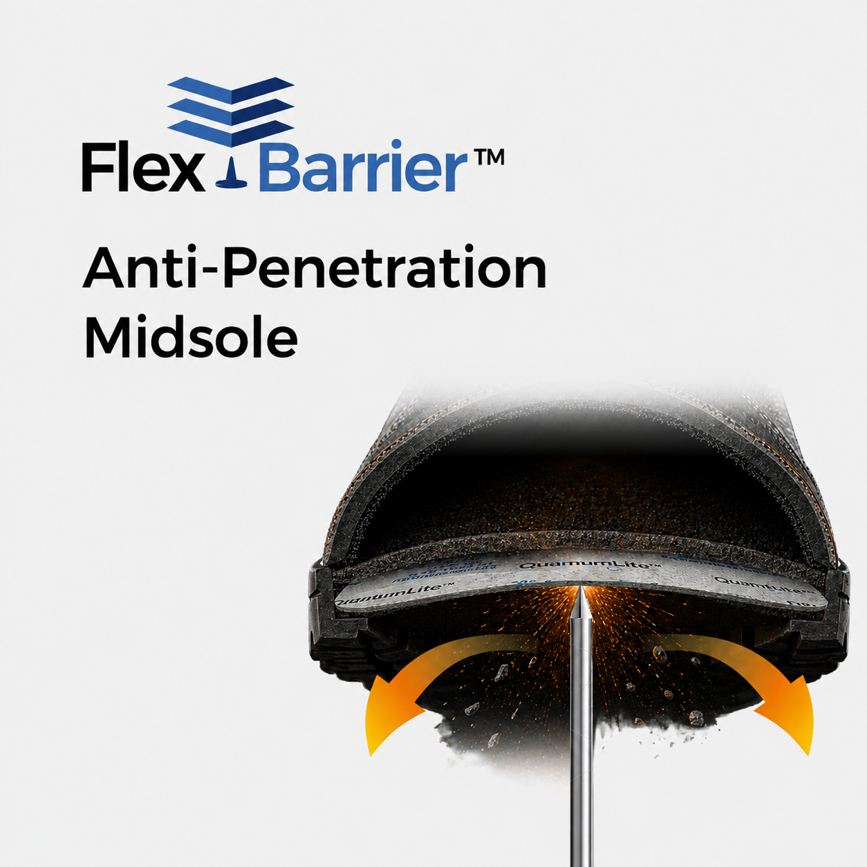 FlexBarrier non-metallic puncture protection for logistics work shoes against sharp objects and damaged pallets